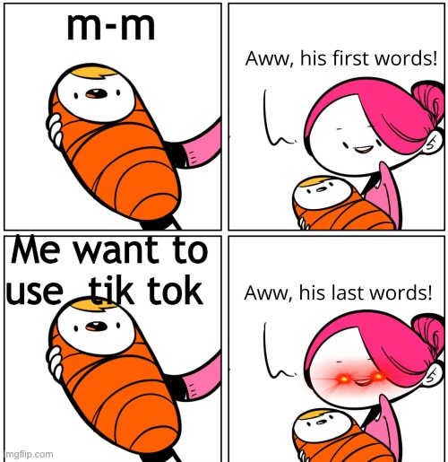 awww- wait WHAT | m-m; Me want to use  tik tok | image tagged in aww his last words | made w/ Imgflip meme maker