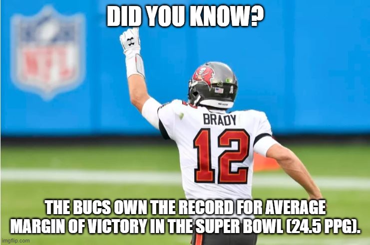 Tampa Bay Bucs | DID YOU KNOW? THE BUCS OWN THE RECORD FOR AVERAGE MARGIN OF VICTORY IN THE SUPER BOWL (24.5 PPG). | image tagged in tom brady | made w/ Imgflip meme maker