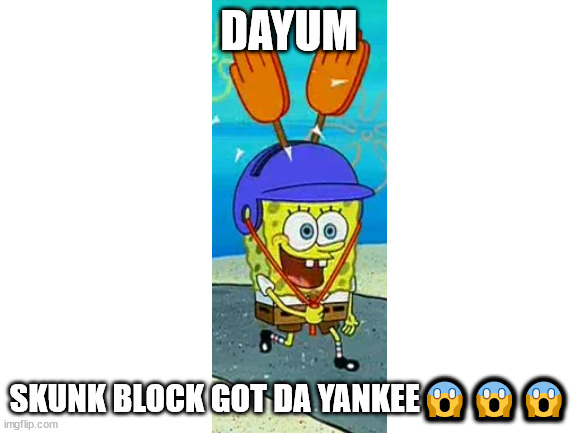 the hit new hat is now owned by skunk block | DAYUM; SKUNK BLOCK GOT DA YANKEE😱😱😱 | image tagged in blank white template,spunchbob | made w/ Imgflip meme maker