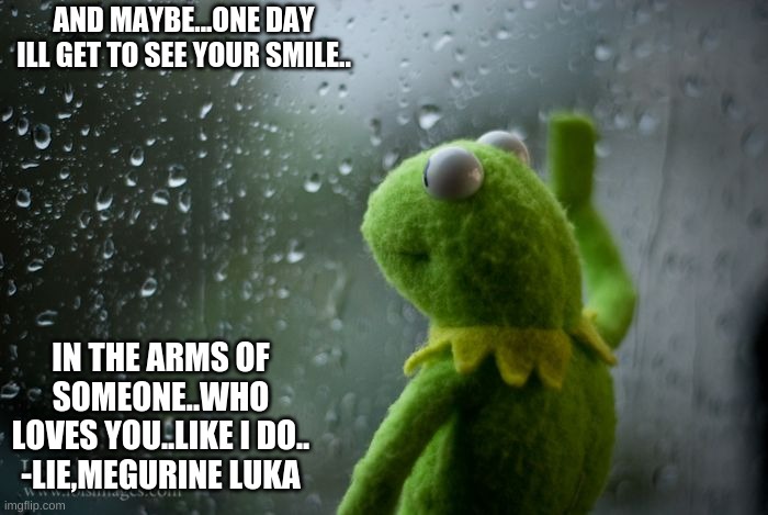 These lyrics hit hard,i listened to them,and i cried when i felt alone on the day of my mema's funeral. | AND MAYBE...ONE DAY ILL GET TO SEE YOUR SMILE.. IN THE ARMS OF SOMEONE..WHO LOVES YOU..LIKE I DO..
-LIE,MEGURINE LUKA | image tagged in kermit window | made w/ Imgflip meme maker