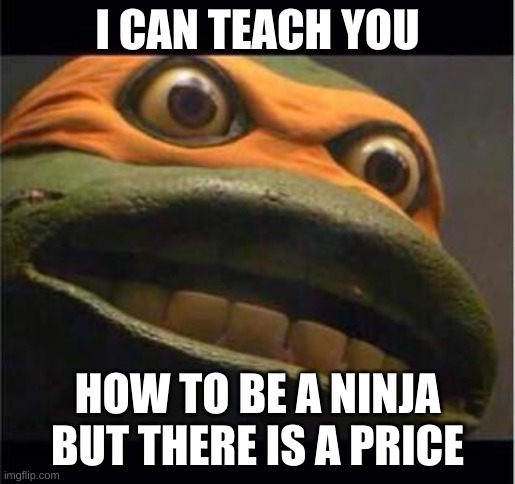 he will get you to the black if you upvote | I CAN TEACH YOU; HOW TO BE A NINJA BUT THERE IS A PRICE | image tagged in teen age mutant ninja turtle,upvote luck,xd | made w/ Imgflip meme maker