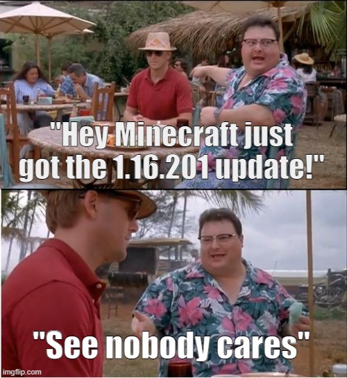 See Nobody Cares | "Hey Minecraft just got the 1.16.201 update!"; "See nobody cares" | image tagged in memes,see nobody cares,minecraft,lol,lol so funny,tags | made w/ Imgflip meme maker