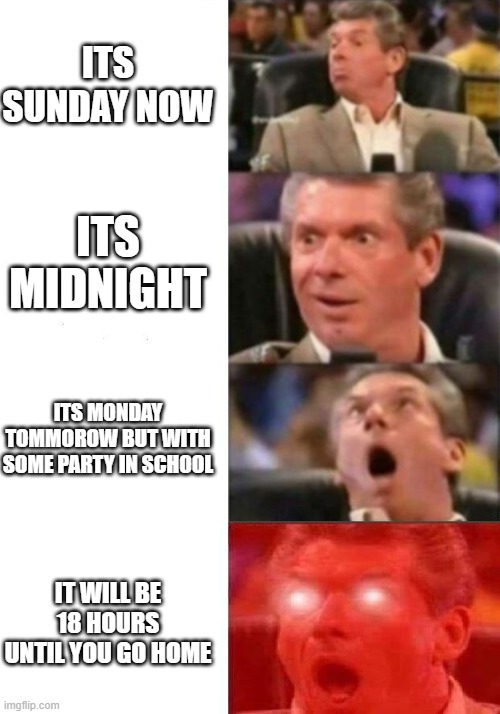 Mr. McMahon reaction | ITS SUNDAY NOW; ITS MIDNIGHT; ITS MONDAY TOMMOROW BUT WITH SOME PARTY IN SCHOOL; IT WILL BE 18 HOURS UNTIL YOU GO HOME | image tagged in mr mcmahon reaction | made w/ Imgflip meme maker