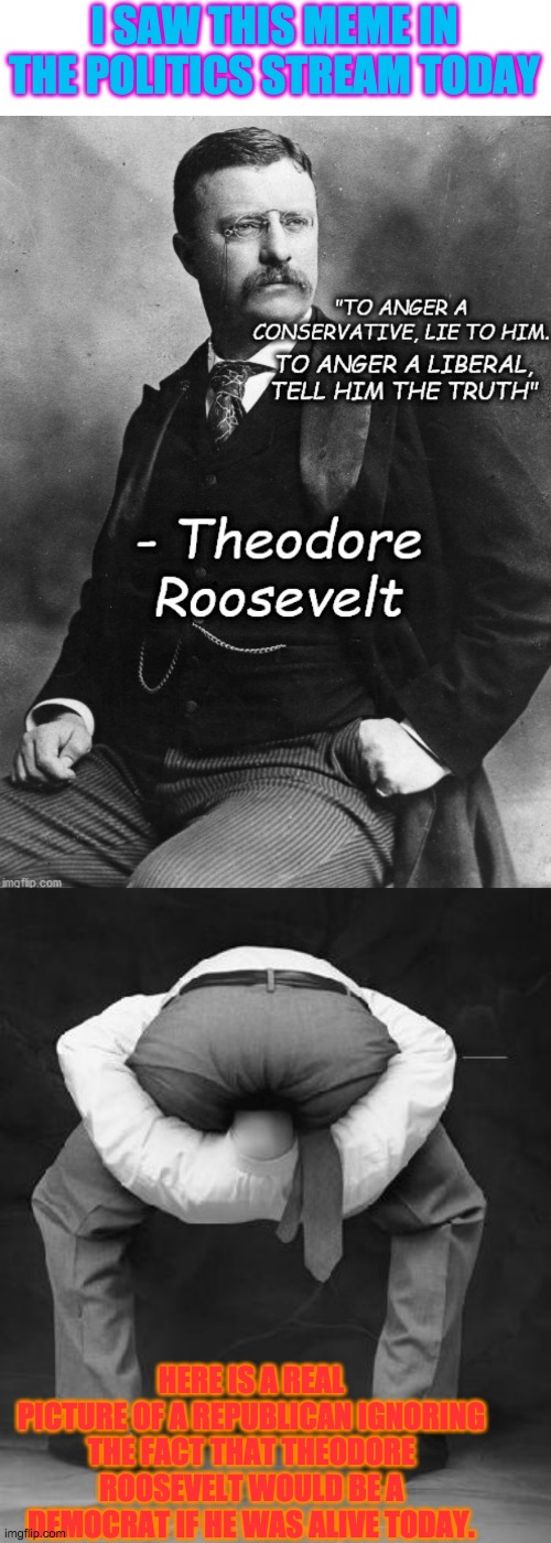He's talking about people with your belief system republicans. | I SAW THIS MEME IN THE POLITICS STREAM TODAY; HERE IS A REAL PICTURE OF A REPUBLICAN IGNORING THE FACT THAT THEODORE ROOSEVELT WOULD BE A DEMOCRAT IF HE WAS ALIVE TODAY. | image tagged in head up ass | made w/ Imgflip meme maker