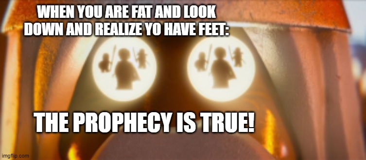 the prophecy is true | WHEN YOU ARE FAT AND LOOK DOWN AND REALIZE YO HAVE FEET:; THE PROPHECY IS TRUE! | image tagged in prophecy,true,lol,fat people | made w/ Imgflip meme maker