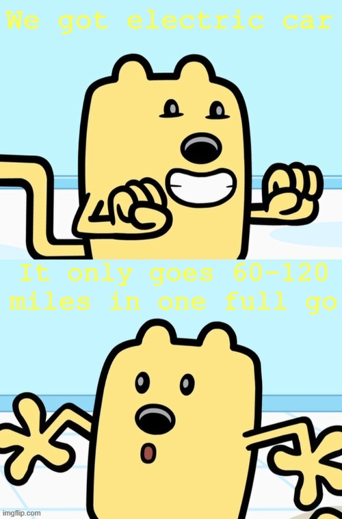 Well that stinks | We got electric car; It only goes 60-120 miles in one full go | image tagged in wubbzy realization,cars | made w/ Imgflip meme maker