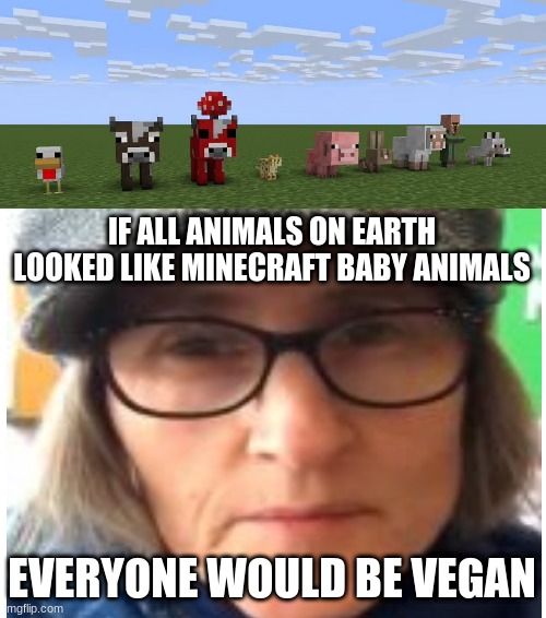 IF ALL ANIMALS ON EARTH LOOKED LIKE MINECRAFT BABY ANIMALS; EVERYONE WOULD BE VEGAN | image tagged in blank white template | made w/ Imgflip meme maker