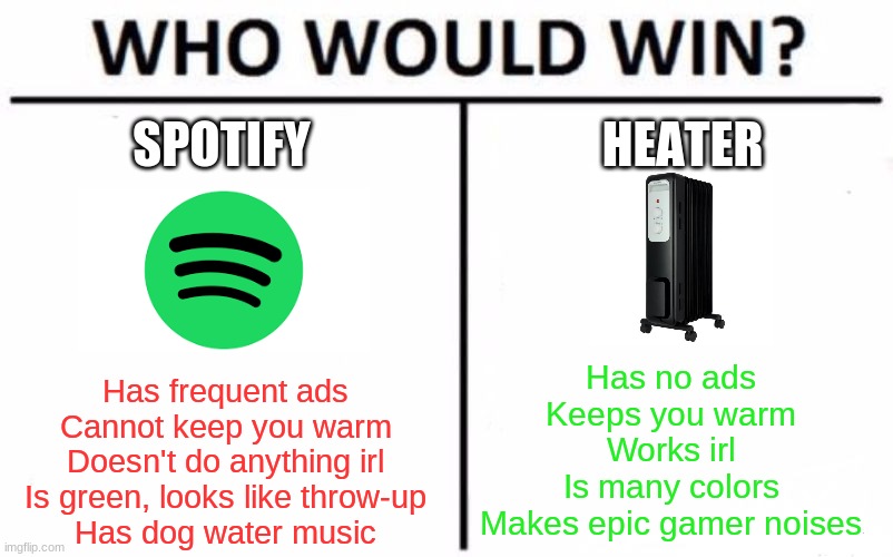 ONLY REAL GAMERS VIBE TO HEATERS. | SPOTIFY; HEATER; Has no ads
Keeps you warm
Works irl
Is many colors
Makes epic gamer noises; Has frequent ads
 Cannot keep you warm
 Doesn't do anything irl
 Is green, looks like throw-up
 Has dog water music | image tagged in memes,who would win,spotify,heater | made w/ Imgflip meme maker