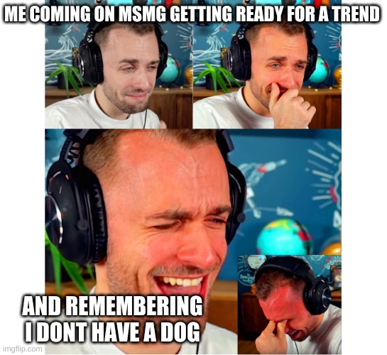 ;-; | ME COMING ON MSMG GETTING READY FOR A TREND; AND REMEMBERING I DONT HAVE A DOG | image tagged in nervous laugh | made w/ Imgflip meme maker