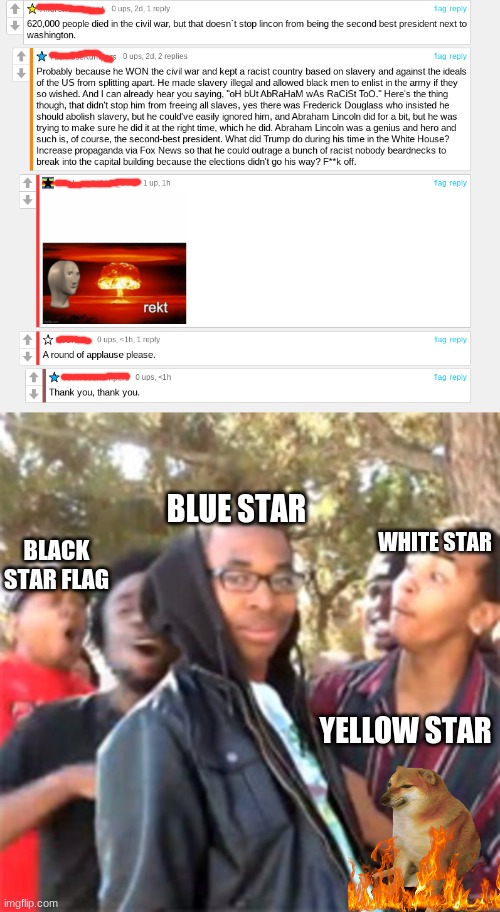 OOOOF | BLUE STAR; WHITE STAR; BLACK STAR FLAG; YELLOW STAR | image tagged in black boy roast | made w/ Imgflip meme maker