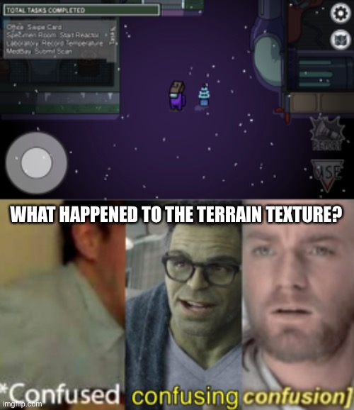 ??? | WHAT HAPPENED TO THE TERRAIN TEXTURE? | image tagged in confused confusing confusion,amogus | made w/ Imgflip meme maker