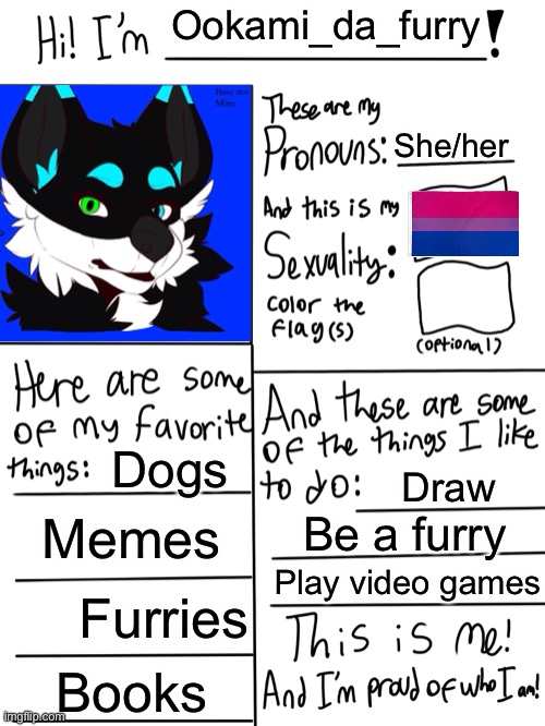 Hello! | Ookami_da_furry; She/her; Dogs; Draw; Memes; Be a furry; Play video games; Furries; Books | image tagged in lgbtq stream account profile | made w/ Imgflip meme maker