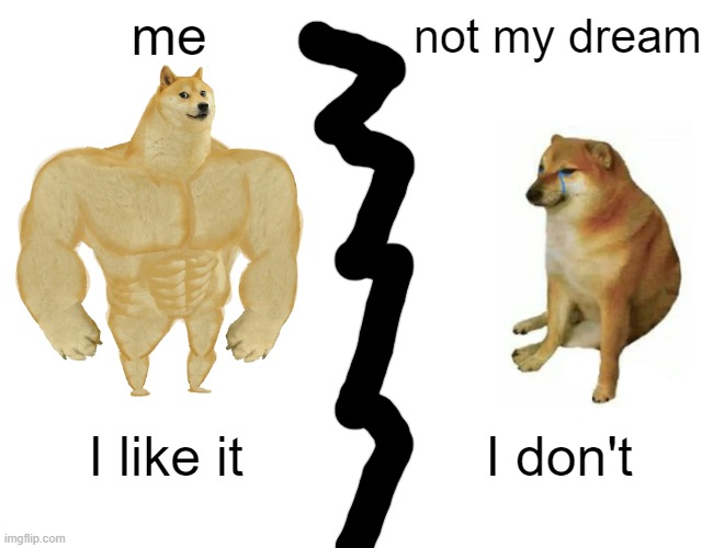 Buff Doge vs. Cheems Meme | me not my dream I like it I don't | image tagged in memes,buff doge vs cheems | made w/ Imgflip meme maker
