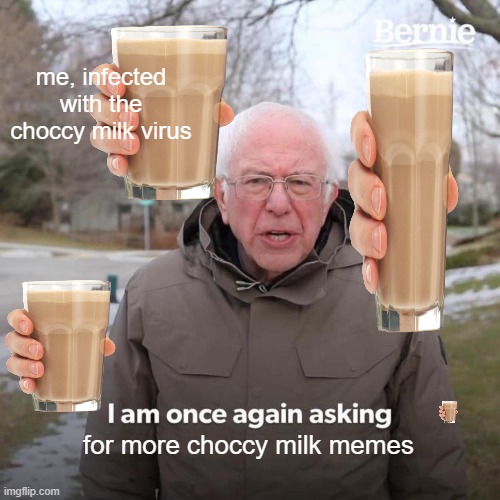 me, infected with the choccy milk virus for more choccy milk memes | image tagged in memes,bernie i am once again asking for your support | made w/ Imgflip meme maker
