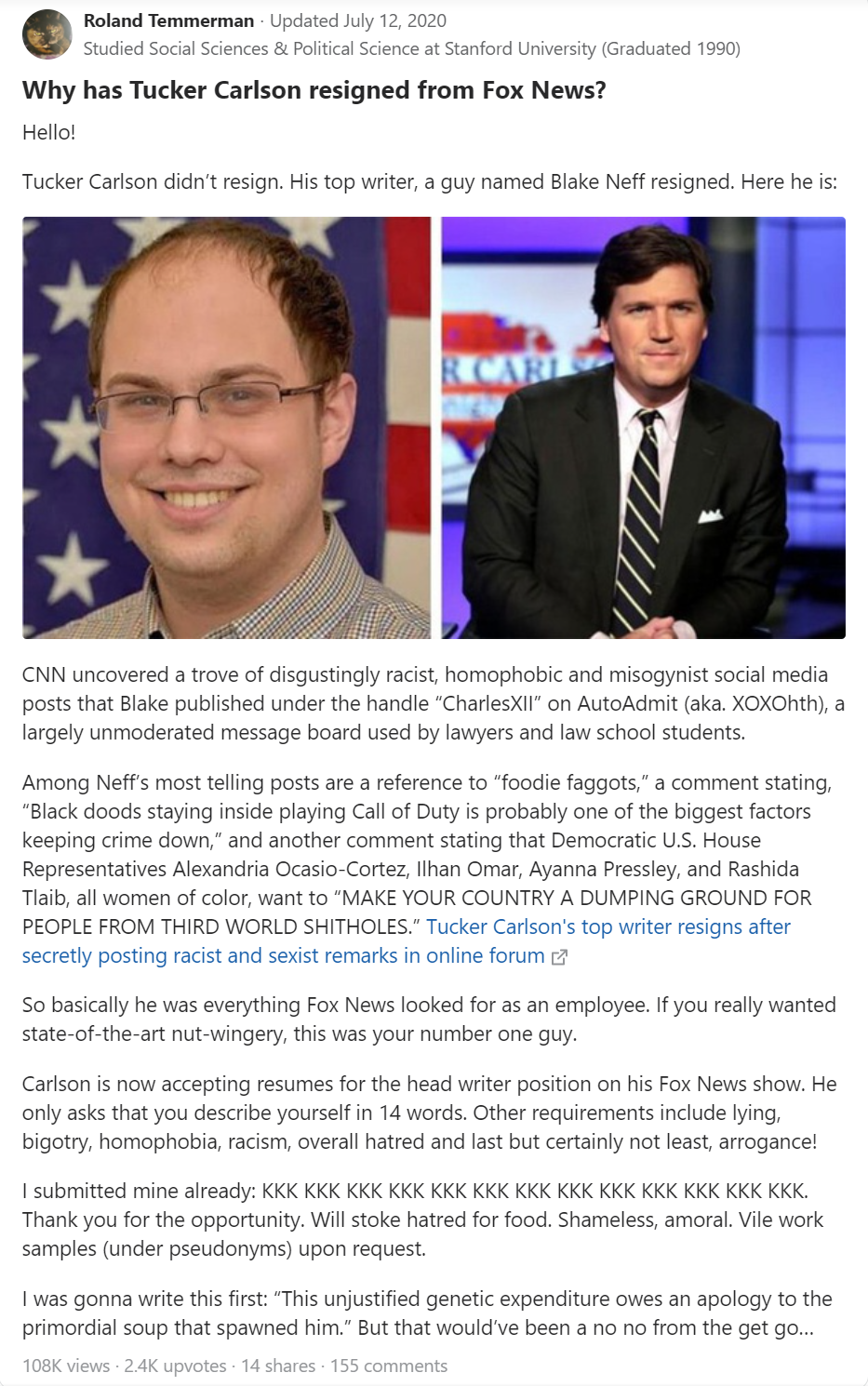 Tucker Carlson writer resigns Blank Meme Template