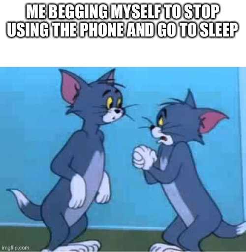 Please stop me | ME BEGGING MYSELF TO STOP USING THE PHONE AND GO TO SLEEP | image tagged in tom begging tom | made w/ Imgflip meme maker