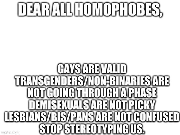 send this to-well, anyone ig | DEAR ALL HOMOPHOBES, GAYS ARE VALID
TRANSGENDERS/NON-BINARIES ARE NOT GOING THROUGH A PHASE
DEMISEXUALS ARE NOT PICKY
LESBIANS/BIS/PANS ARE NOT CONFUSED
STOP STEREOTYPING US. | image tagged in blank white template | made w/ Imgflip meme maker