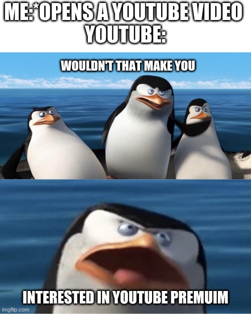 Wouldn't that make you | ME:*OPENS A YOUTUBE VIDEO 
YOUTUBE:; WOULDN'T THAT MAKE YOU; INTERESTED IN YOUTUBE PREMUIM | image tagged in wouldn't that make you | made w/ Imgflip meme maker
