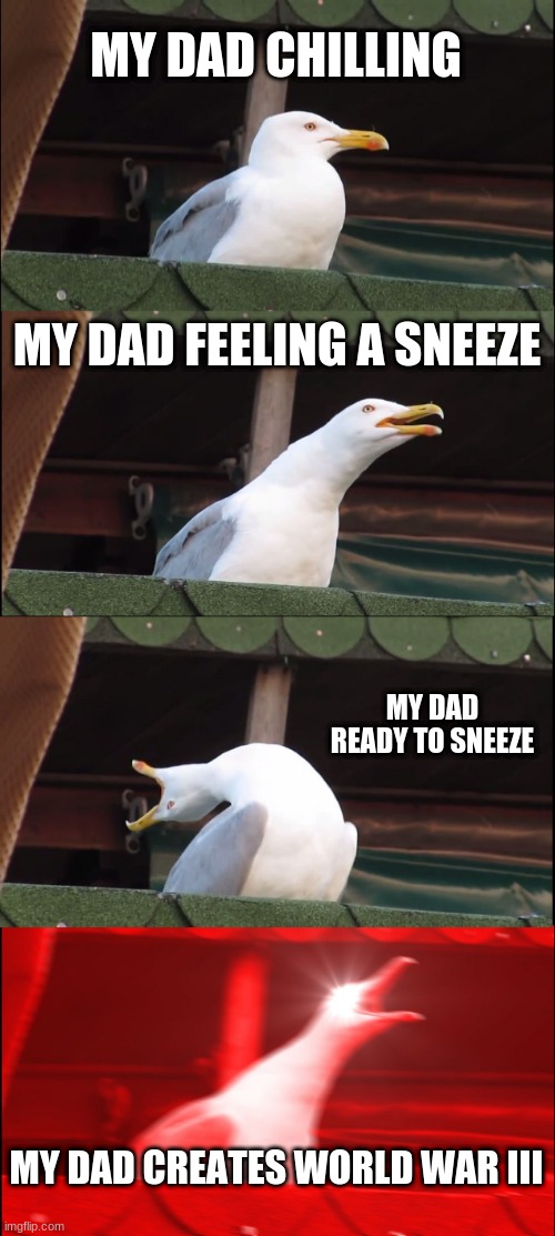 Inhaling Seagull Meme | MY DAD CHILLING; MY DAD FEELING A SNEEZE; MY DAD READY TO SNEEZE; MY DAD CREATES WORLD WAR III | image tagged in memes,inhaling seagull | made w/ Imgflip meme maker