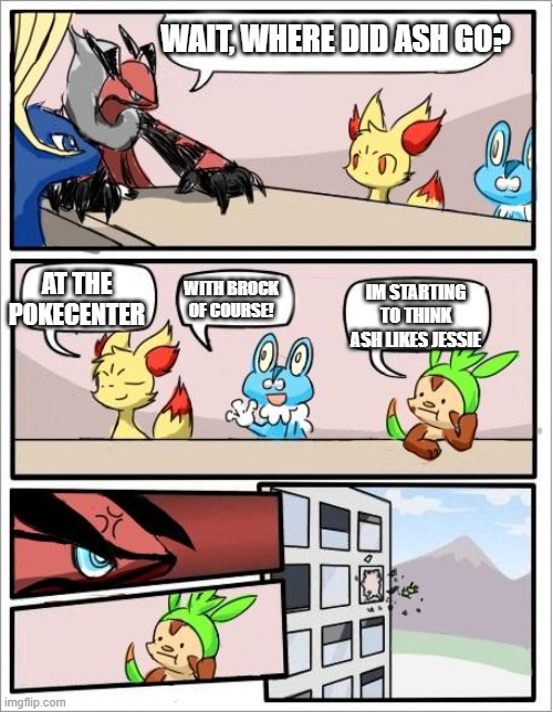 Pokemon board meeting | WAIT, WHERE DID ASH GO? AT THE POKECENTER; WITH BROCK OF COURSE! IM STARTING TO THINK ASH LIKES JESSIE | image tagged in pokemon board meeting | made w/ Imgflip meme maker