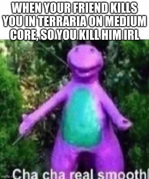 TERRA | WHEN YOUR FRIEND KILLS YOU IN TERRARIA ON MEDIUM CORE, SO YOU KILL HIM IRL | image tagged in cha cha real smooth | made w/ Imgflip meme maker