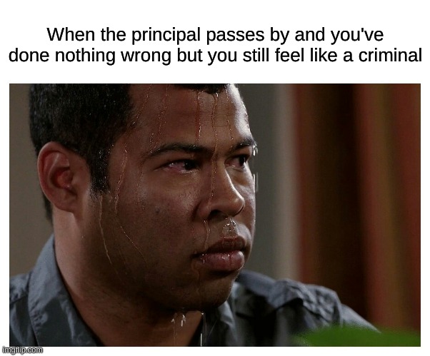 Yeah but why | When the principal passes by and you've done nothing wrong but you still feel like a criminal | image tagged in jordan peele sweating,school,principal,memes,oh wow are you actually reading these tags | made w/ Imgflip meme maker