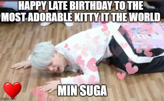 MiN sUgA ThE kItTy |  HAPPY LATE BIRTHDAY TO THE MOST ADORABLE KITTY IT THE WORLD; MIN SUGA | image tagged in suga,bts | made w/ Imgflip meme maker