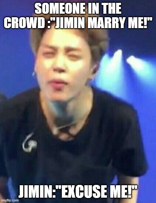 Jimin squinting | SOMEONE IN THE CROWD :"JIMIN MARRY ME!"; JIMIN:"EXCUSE ME!" | image tagged in jimin squinting | made w/ Imgflip meme maker