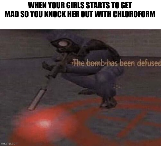 The bomb has been defused | WHEN YOUR GIRLS STARTS TO GET MAD SO YOU KNOCK HER OUT WITH CHLOROFORM | image tagged in the bomb has been defused | made w/ Imgflip meme maker