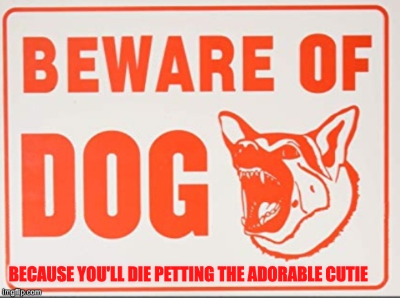 Beware of dog sign | BECAUSE YOU'LL DIE PETTING THE ADORABLE CUTIE | image tagged in beware of dog sign | made w/ Imgflip meme maker