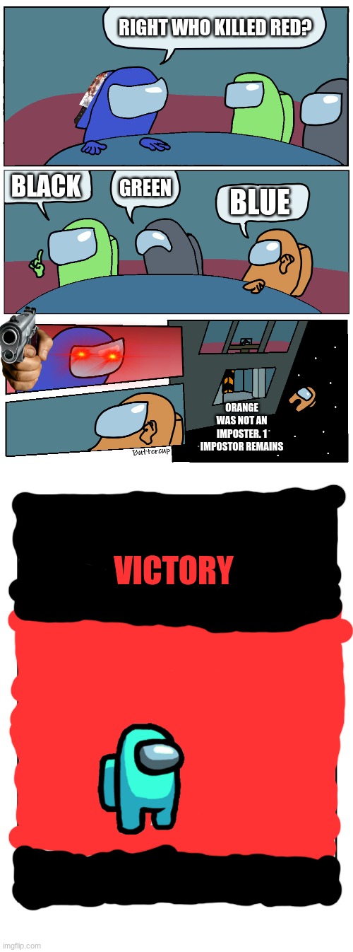 RIGHT WHO KILLED RED? BLACK; GREEN; BLUE; ORANGE WAS NOT AN IMPOSTER. 1 IMPOSTOR REMAINS; VICTORY | image tagged in among us meeting,blank template | made w/ Imgflip meme maker