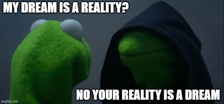 Dream | MY DREAM IS A REALITY? NO YOUR REALITY IS A DREAM | image tagged in memes,evil kermit | made w/ Imgflip meme maker