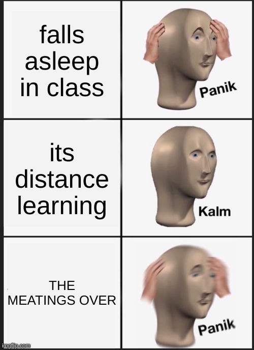Panik Kalm Panik Meme | falls asleep in class; its distance learning; THE MEATINGS OVER | image tagged in memes,panik kalm panik | made w/ Imgflip meme maker