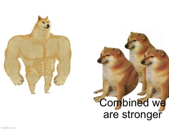 Buff Doge vs. Cheems | Combined we are stronger | image tagged in memes,buff doge vs cheems | made w/ Imgflip meme maker