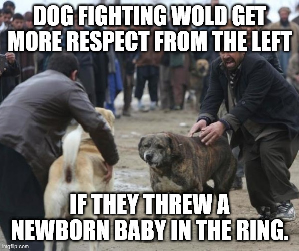 dog fighting | DOG FIGHTING WOLD GET MORE RESPECT FROM THE LEFT; IF THEY THREW A NEWBORN BABY IN THE RING. | image tagged in more respect | made w/ Imgflip meme maker