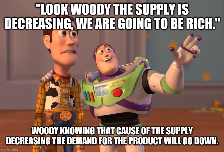 X, X Everywhere | "LOOK WOODY THE SUPPLY IS DECREASING, WE ARE GOING TO BE RICH."; WOODY KNOWING THAT CAUSE OF THE SUPPLY DECREASING THE DEMAND FOR THE PRODUCT WILL GO DOWN. | image tagged in memes,x x everywhere | made w/ Imgflip meme maker