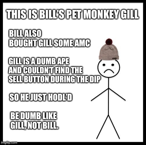 Bill Gill monkey stock ape | THIS IS BILL’S PET MONKEY GILL; BILL ALSO BOUGHT GILL SOME AMC; GILL IS A DUMB APE AND COULDN’T FIND THE SELL BUTTON DURING THE DIP; SO HE JUST HODL’D; BE DUMB LIKE GILL, NOT BILL. | image tagged in don't be like bill | made w/ Imgflip meme maker