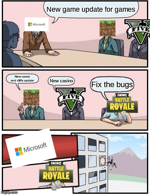 Boardroom Meeting Suggestion | New game update for games; New caves and cliffs update; New casino; Fix the bugs | image tagged in memes,boardroom meeting suggestion | made w/ Imgflip meme maker