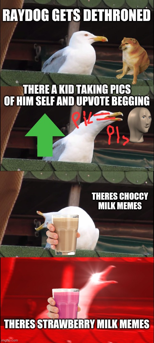 *sad me noises* | RAYDOG GETS DETHRONED; THERE A KID TAKING PICS OF HIM SELF AND UPVOTE BEGGING; THERES CHOCCY MILK MEMES; THERES STRAWBERRY MILK MEMES | image tagged in memes,inhaling seagull,raydog,choccy milk,strawberry milk,gokudrip | made w/ Imgflip meme maker