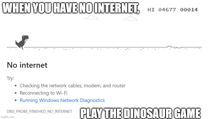 No Internet Solution | WHEN YOU HAVE NO INTERNET, PLAY THE DINOSAUR GAME | image tagged in funny memes,internet | made w/ Imgflip meme maker