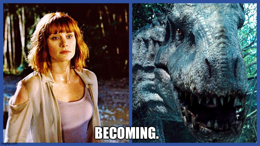 A new autobiography | BECOMING. | image tagged in jurassic world claire,michelle obama,steven spielberg,jurassic park,dinosaurs,swimsuit | made w/ Imgflip meme maker