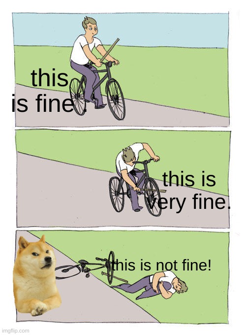 fine | this is fine . this is very fine. this is not fine! | image tagged in memes,bike fall | made w/ Imgflip meme maker