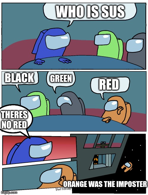 Among Us Meeting | WHO IS SUS; BLACK; GREEN; RED; THERES NO RED; ORANGE WAS THE IMPOSTER | image tagged in among us meeting | made w/ Imgflip meme maker
