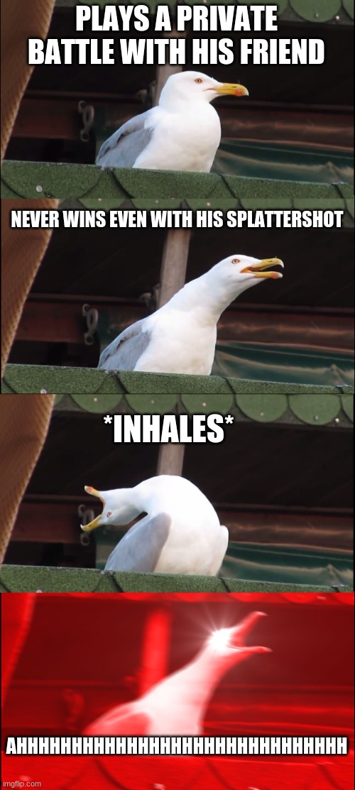 Inhaling Seagull Meme | PLAYS A PRIVATE BATTLE WITH HIS FRIEND; NEVER WINS EVEN WITH HIS SPLATTERSHOT; *INHALES*; AHHHHHHHHHHHHHHHHHHHHHHHHHHHHHH | image tagged in memes,inhaling seagull | made w/ Imgflip meme maker