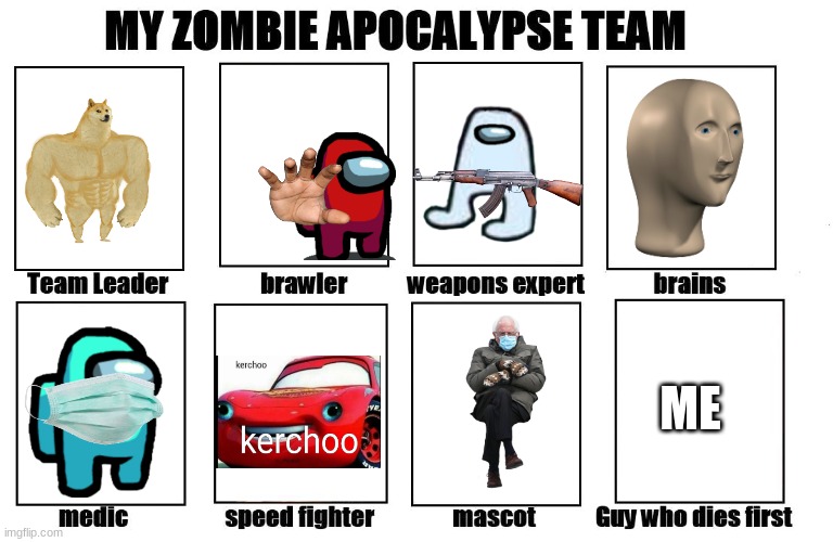 I've been seeing a lot of these so.... | ME | image tagged in my zombie apocalypse team | made w/ Imgflip meme maker