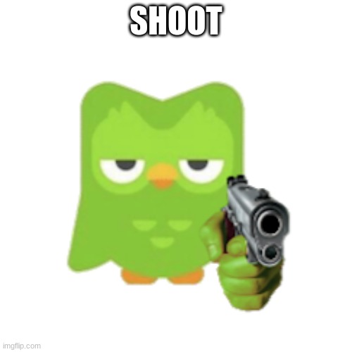 Add an image with someone with a gun and put shoot then repost idk | SHOOT | image tagged in duolingo | made w/ Imgflip meme maker