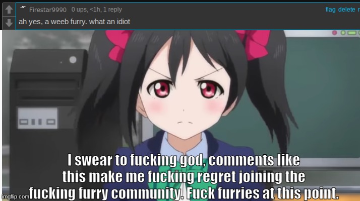 I didnt do shit to that person, and they fucking comment that shit, the fucking bastard. | I swear to fucking god, comments like this make me fucking regret joining the fucking furry community. Fuck furries at this point. | image tagged in niko serious | made w/ Imgflip meme maker