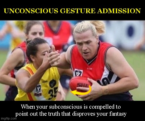 Trans "woman" athlete finger of truth | UNCONSCIOUS GESTURE ADMISSION; When your subconscious is compelled to point out the truth that disproves your fantasy | image tagged in trans athlete finger of truth,transgender,inconvenient truth,trans athletes,unconscious gesture admission,living in a fantasy | made w/ Imgflip meme maker