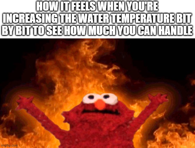 elmo fire | HOW IT FEELS WHEN YOU'RE INCREASING THE WATER TEMPERATURE BIT BY BIT TO SEE HOW MUCH YOU CAN HANDLE | image tagged in elmo fire | made w/ Imgflip meme maker