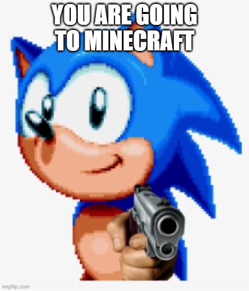Sonic gun pointed | YOU ARE GOING TO MINECRAFT | image tagged in sonic gun pointed | made w/ Imgflip meme maker